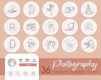 Könnte beinhalten: 36 Schwarzweiß-Linienzeichnungen für Instagram-Highlight-Cover. Die Illustrationen beinhalten einen Stern, eine schwangere Frau, ein tanzendes Paar, Eheringe, eine Braut, ein Band, eine Kamera, ein Paar, das sich die Hände hält, einen Computer, eine Sprechblase mit dem Wort "hi", ein Telefon, ein Frauen Gesicht, eine Gruppe von Menschen, die gehen, eine Bergkette, einen Fotografen, ein Fragezeichen, eine Frau, einen Bilderrahmen und eine Person, die ein Foto macht.