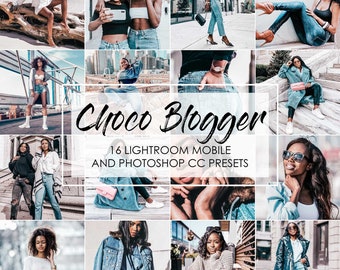 Puede incluir: Un collage de fotos con mujeres que llevan diferentes atuendos, incluyendo jeans, chaquetas y vestidos. Las fotos están editadas con un filtro cálido y vintage. El texto "Choco Blogger" y "16 Lightroom Mobile and Photoshop CC Presets" se muestra en el collage.