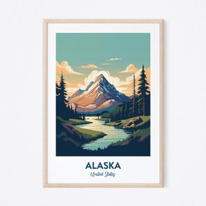 Alaska Travel Poster, Mountain Print, Mountain Wall Art, Alaska Print, Illustration Vector Travel Print, Vintage Poster, Housewarming Gift