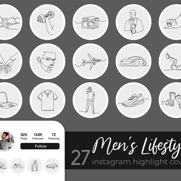 Instagram Highlight Covers Men Lifestyle Story Icons Male Blogger Insta Highlights Hand Drawn Minimalist Line Art IG Stories Neutral Covers