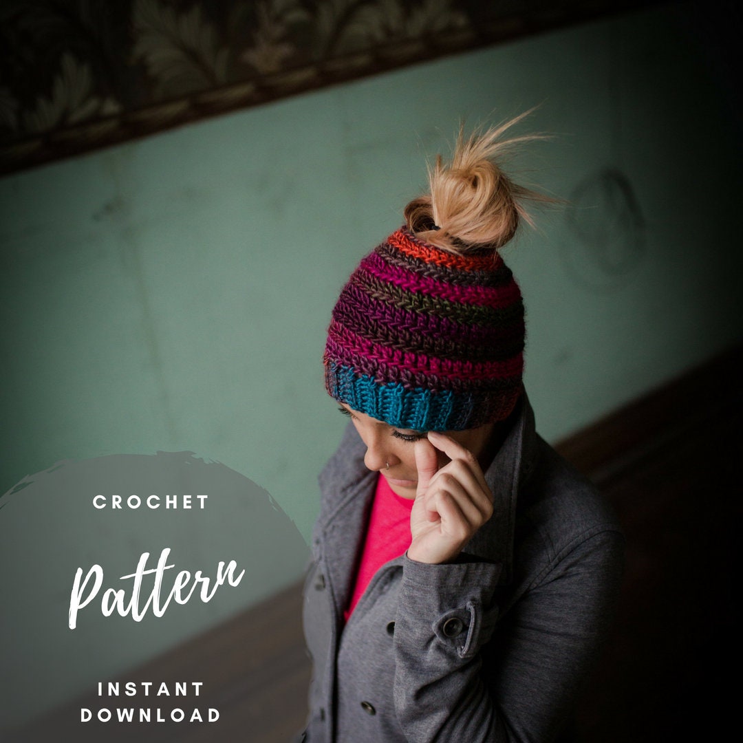 Bun Beanie Pattern Crochet Messy Bun Ponytail Hat Pattern - Etsy