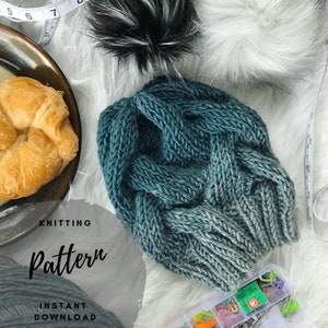 Knit Beanie Pattern, Cable Knitting, Salacia Beanie, Slouchy Hat Pattern, Knitting Pattern, Loose Cable Hat, Relaxed Cables, Bulky Yarn Knit
