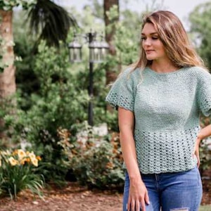 Crochet Pattern PDF, Cute Crochet Top, DK Weight, Summer Sweater, Sage Brush Tee, easy crochet, scallop hem, seamless, yoke sweater