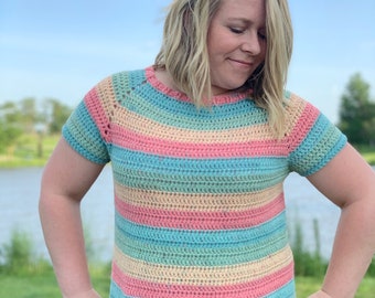 CROCHET PATTERN, Sunny Raglan, Crochet Sweater, Crochet Tee, Worsted Weight Sweater, Cotton Shirt, Tshirt pattern, Caron Cakes, Cotton Top