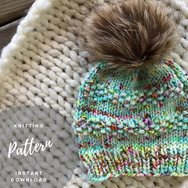 Knit Hat Pattern, Pom Pom Hat Pattern, Slouchy Beanie, Seed Stitch, One Skein Pattern, Atticus Beanie, PDF Knitting Tutorial, Bulky Yarn