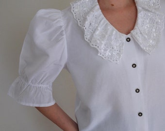 90s Austrian Folk Blouse, Lace Collar Puff Sleeve, Size 42 DE