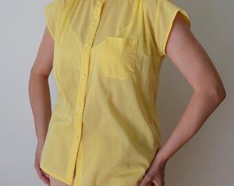 Vintage 80s Yellow Blouse, Cap Sleeve, Peter Pan Collar, Size M