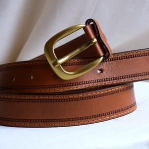 Vintage 90s Brown Leather Belt: Men&#39;s Jeans Belt with Gold Buckle (35.5 inch)
