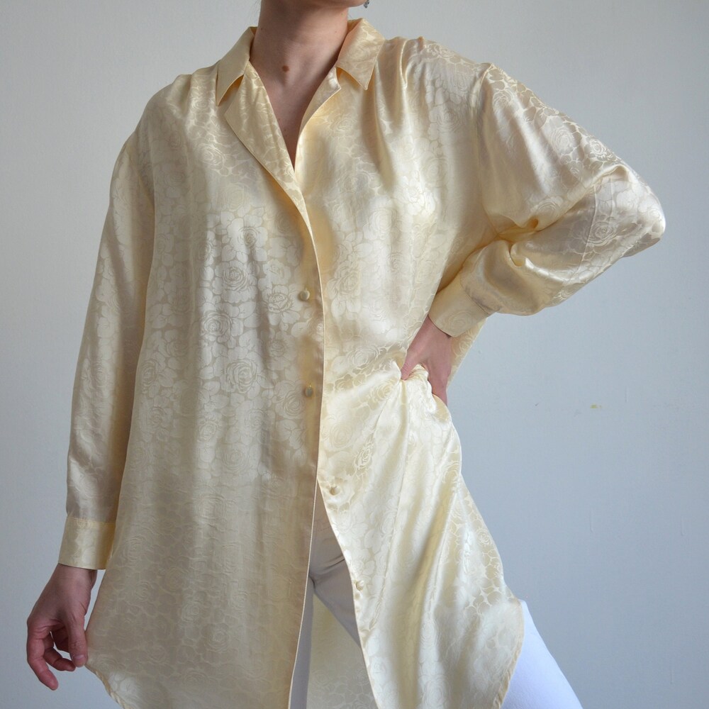 Vintage Cream Silky Leaf Print Blouse / Jacket - L /XL/ ... main image 1