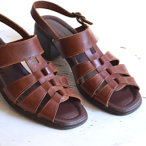 Vintage 90s chunky heel sandals, strappy slingback sandals, woven sandals, block heel, open toe and open heel sandals, Made in Spain, 38 EU