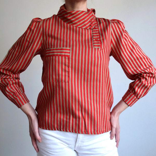 Vintage 80s beige and red striped blouse, vintage shawl collar blouse, high neck collar striped pattern blouse, striped turtleneck shirt, S