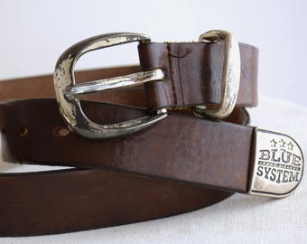 Vintage 90s Brown Genuine Leather Western Silver Buckle Belt Size Small Unisex Brown 1990s Vintage Belts for Men for sale | eBay main image 2