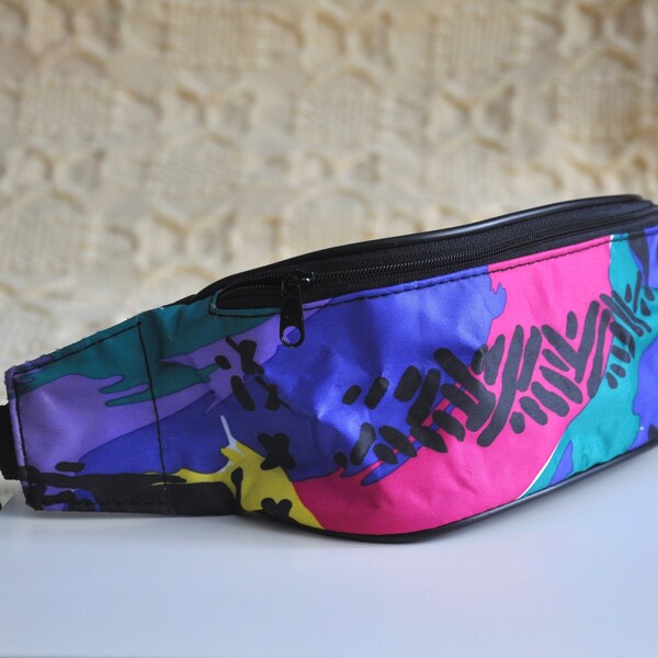 Vintage 90s black, purple, pink ,green and yellow fanny pack / print bumbag / hands free belt bag / traveller bag / hipster waist pouch