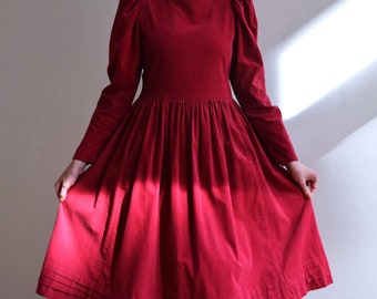 Vintage Laura Ashley Red Corduroy Dress, Puff Sleeves, Cottagecore, M