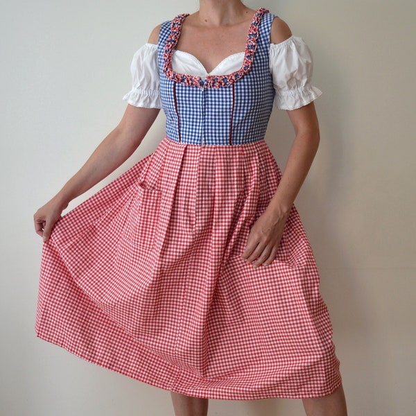 Vestido dirndl vintage de los años 90 sin delantal, vestido popular azul rojo y blanco estampado a cuadros, vestido bávaro / Oktoberfest, vestido campesino gingham, M