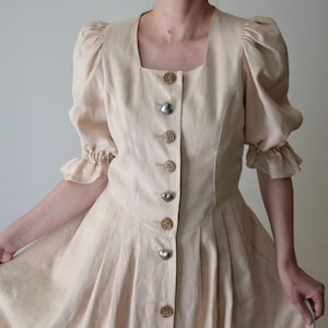 Vintage 90s Austrian linen folk dress, beige puff sleeve peasant dress, Bavarian / Trachten / Cottagecore dress, Oktoberfest dress, 38 EU