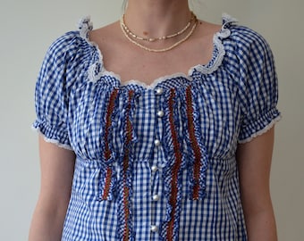 Vintage Y2K Gingham Blouse: Blue White Check, Puffy Sleeves, Size 40 DE