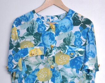 Vintage 1980s floral print shirt dress, blue yellow and green flower dress, oversized hipster dress, silk and acetate summer dress, 46 IT