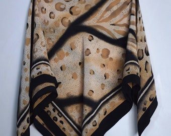 Vintage 90s leopard print silk scarf, square print silk scarf, boho silk scarf, animal print silk scarf, black and beige pattern scarf