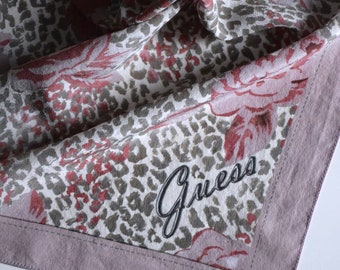 Vintage 90s Guess silk bandana scarf, floral print silk bandana,  lavender and gray scarf, roses and cheetah print headscarf / neck scarf,