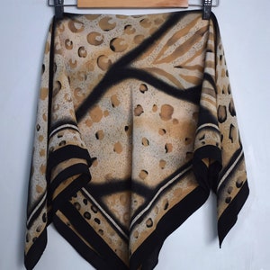 Vintage 90s leopard print silk scarf, square print silk scarf, boho silk scarf, animal print silk scarf, black and beige pattern scarf