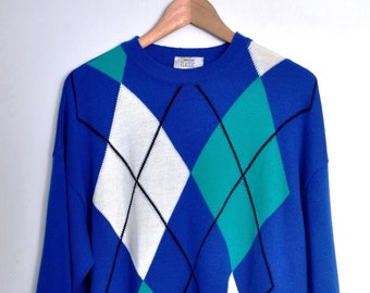 Vintage 80s / 90s blue print sweater, hipster sweater with a geometric pattern, women's sweater, colorful wool and acrylic jumper, L