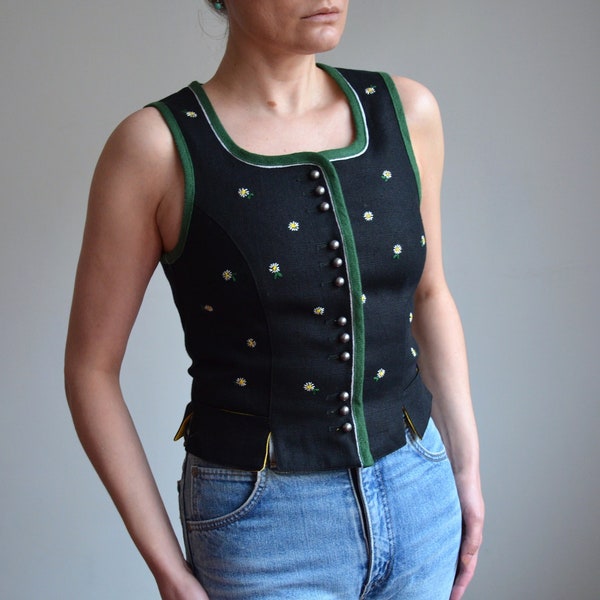Vintage black and green linen dirndl vest, floral embroidery trachten vest, boho / western / folk /  country  / cottage core, 36 EU