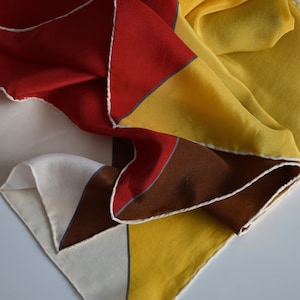Vintage 80s colorblock silk scarf, colorful silk scarf, big square silk scarf, red yellow cream brown, handrolled scarf