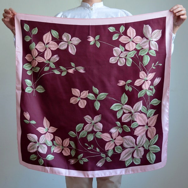 Vintage 80s big floral silk scarf, pink and burgundy floral silk scarf, flowers print silk scarf, big square silk scarf, boho silk scarf