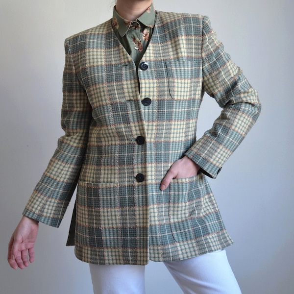 Vintage 90s JAEGER mint green and cream check pattern wool blazer, soft hues women's designer blazer, 10 UK, Made in Great Britain