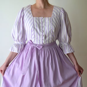 1980s Austrian folk dress, lavender purple and white striped peasant dress with an apron, puff sleeve Oktoberfest dress, Trachten dress, L