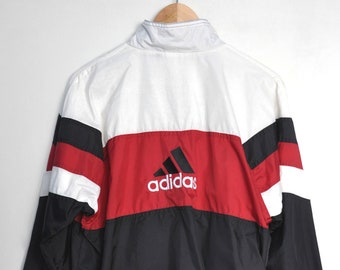 Vintage 1990s Adidas sports zip up jacket, Women's colorblock windbreaker, black red and white windbreaker, hipster sportswear / streetwear