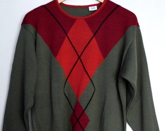 Vintage 90s Argyle Sweater: Green & Red Wool-Blend Pullover (36 DE)