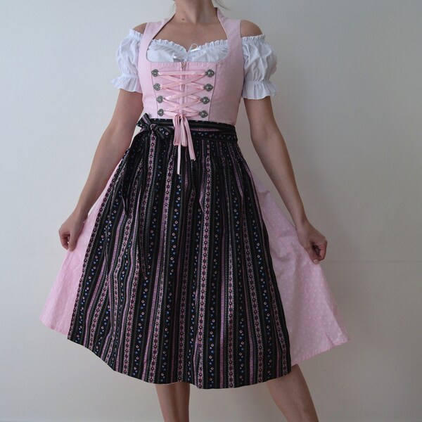 Vestido dirndl rosa vintage con delantal, vestido de corsé con estampado popular, vestido Trachten/Oktoberfest, vestido campesino rosa y negro, 36 DE