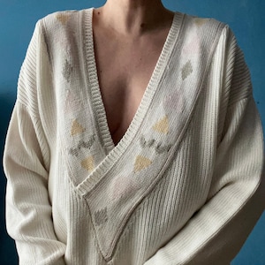Vintage 90s Ellen Tracy Cotton Sweater: Cream Geometric Deep V-Neck, Size M
