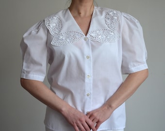 Blusa vintage de los años 90 con cuello de encaje blanco y mangas abullonadas, estilo cottage core L