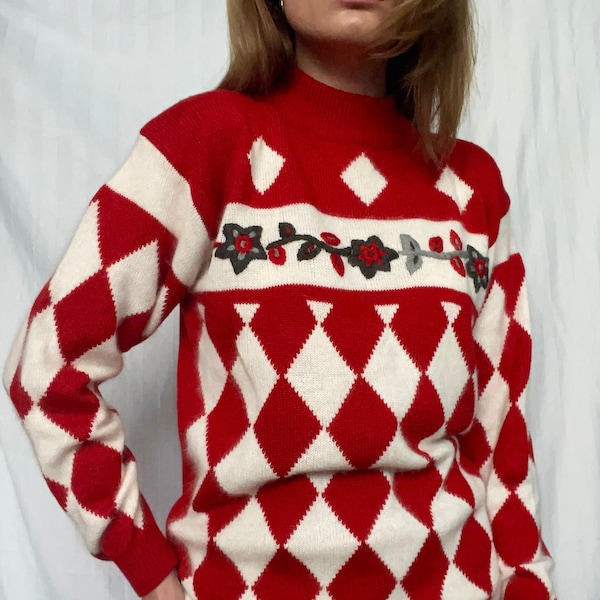 Vintage 90s diamond pattern knit sweater, wool / angora pattern sweater, kitschy vintage pullover, red and white women's sweater, S/M