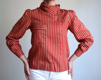 Vintage 80s beige and red striped blouse, vintage shawl collar blouse, high neck collar striped pattern blouse, striped turtleneck shirt, S