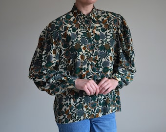 Vintage 80s Floral Blouse, Puff Sleeves, Green Botanical pattern, Size 16 US