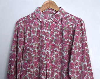 Vintage 80s Roses Print Blouse: Pink Floral Polyester Shirt