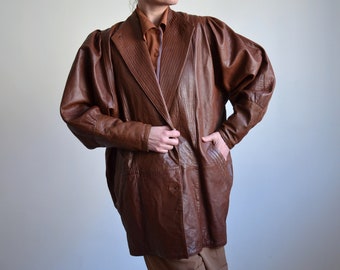 Vintage 80s / 90s cognac brown women's leather jacket, oversized womens leather jacket, spring / autumn jacket, size 38 DE / 8 US