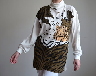 Vintage 90s Animal Print Pullover Blouse: Leopard & Zebra, M