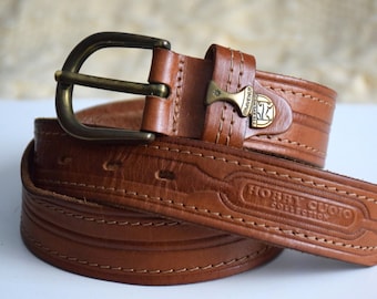 Vintage 90s distressed brown belt, warm brown real leather belt , stamped brown belt, unisex leather belt, Made in italy