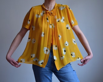 Vintage 80s Floral Viscose Blouse: Mustard Yellow Neck Tie Top, Made in Italy
