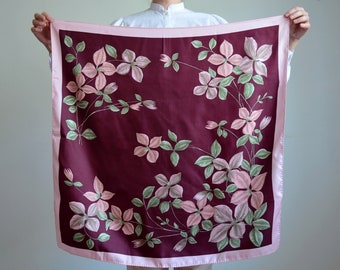 Vintage 80s big floral silk scarf, pink and burgundy floral silk scarf, flowers print silk scarf, big square silk scarf, boho silk scarf