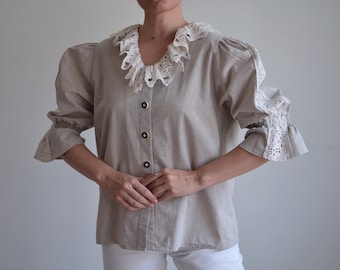 90s Austrian Folk Blouse, Beige Lace Collar Puff Sleeve, Cottage Core (42 EU)