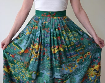 Jaren '90 Sportalm pittoreske folk dirndl rok, groene natuur thema rok, bloemen en dieren cottage kern rok, Oostenrijkse boerenrok, 36 EU