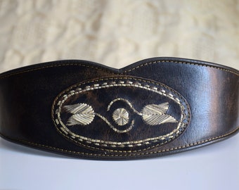 90s Distressed Dirndl Belt: Embroidered Dark Brown Leather Folk Belt
