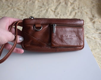 Vintage Y2K leather wristlet bag, cognac brown leather purse, small handbag or wrsitlet wallet