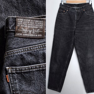 Vintage 90s Levi's 726 faded black denim jeans, High waist, orange tab, tapered leg, 28 inch waist, 90s MOM levi's jeans